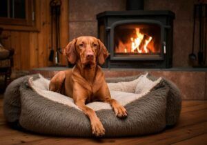 Perro Vizsla descansando en una cama frente a una chimenea encendida.
