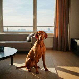 Perro Vizsla sentado en un moderno salón con luz natural.