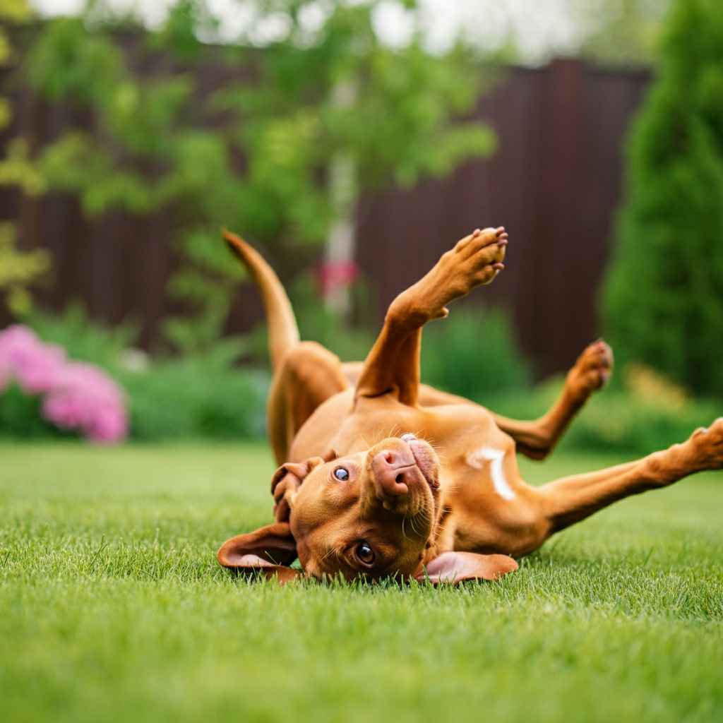Perro Vizsla rodando en el césped del jardín.
