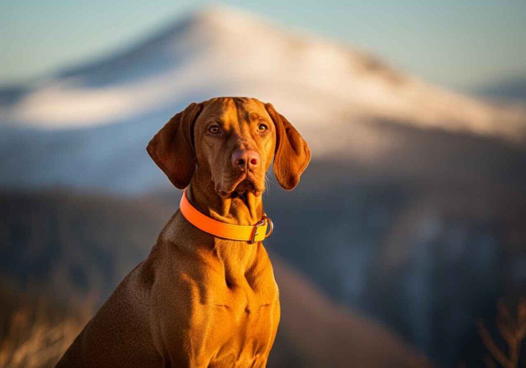 Perro Vizsla con un collar naranja posando frente a un paisaje montañoso.