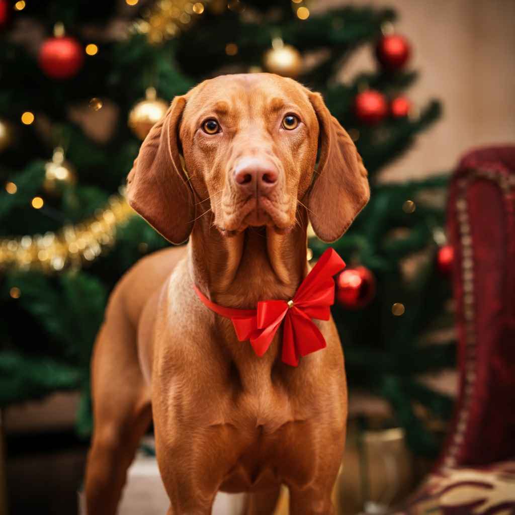 Perro Vizsla decorado con un lazo rojo frente a un árbol de Navidad.