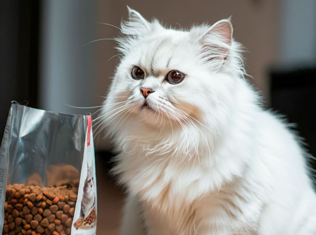 Gato persa 7 Gato persa blanco junto a un paquete de comida para gatos.