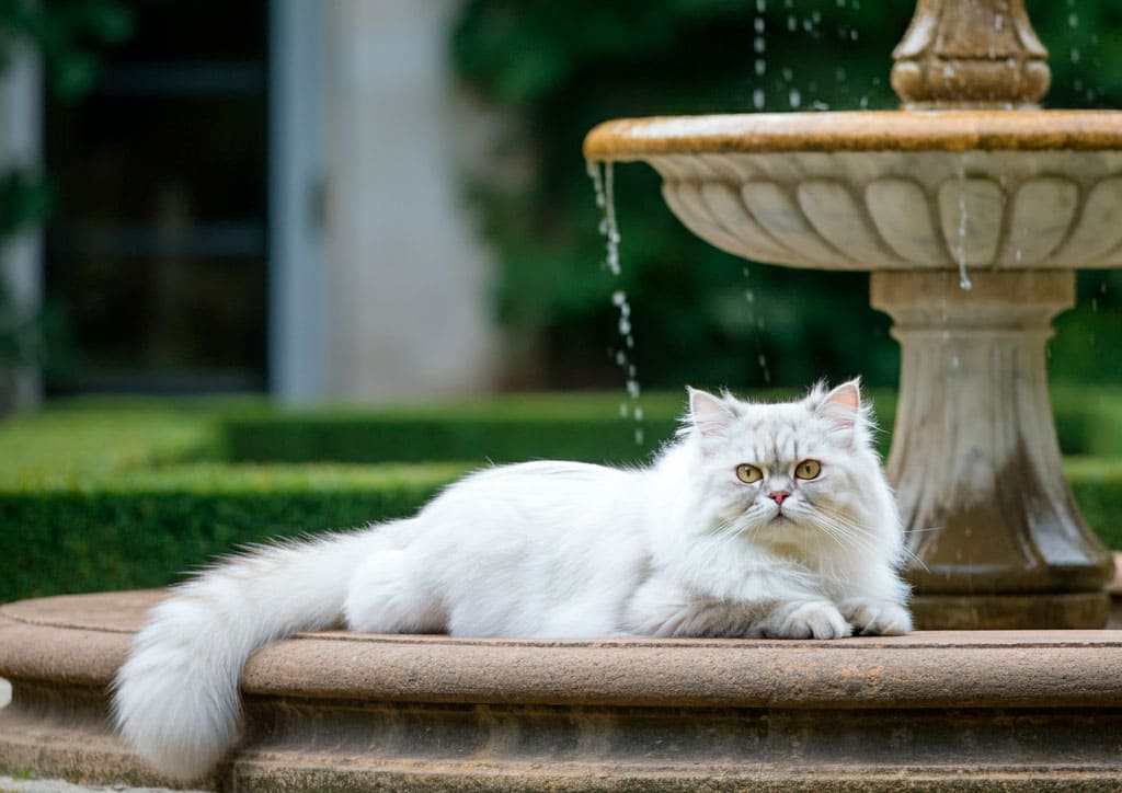 Gato persa 3 Gato persa blanco relajado junto a una fuente en un jardín bien cuidado.