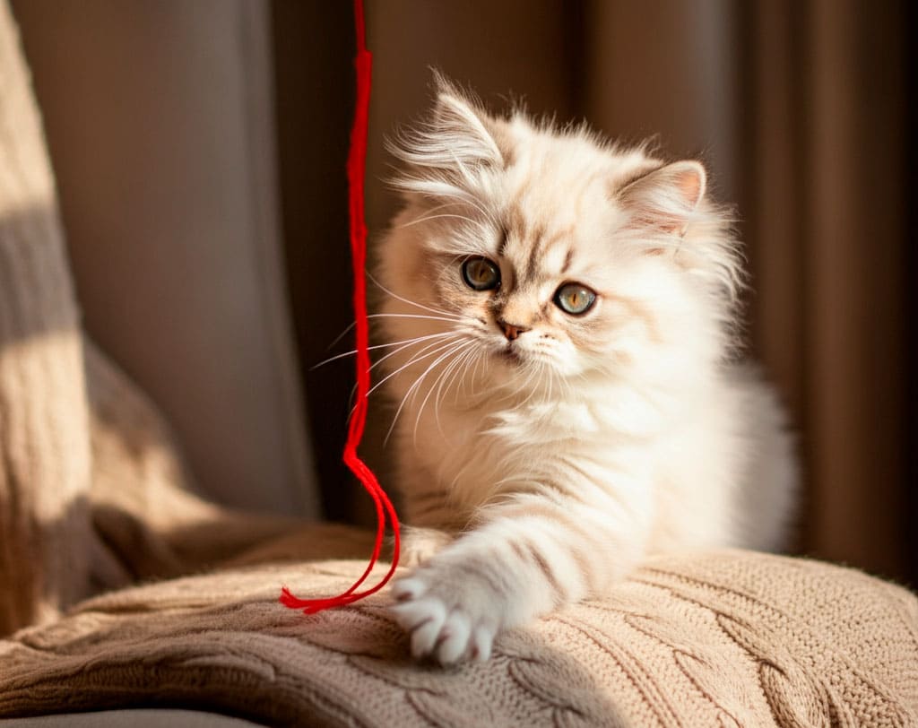 Gato persa 6 Gatito persa blanco jugando con una cuerda roja en el sofá.