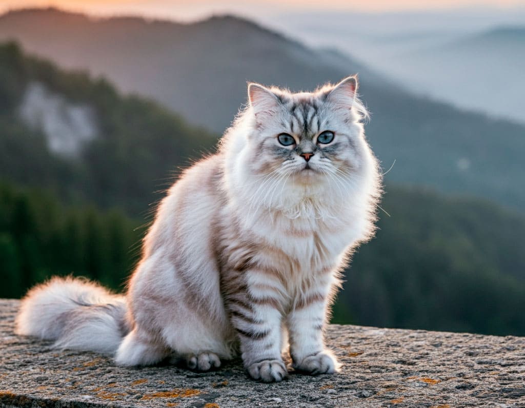 Gato persa 1 Gato persa con ojos azules, sentado en un paisaje montañoso.