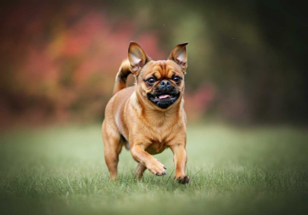 Petit Brabancon 8 Petit Brabancon marrón corriendo en una pradera verde.