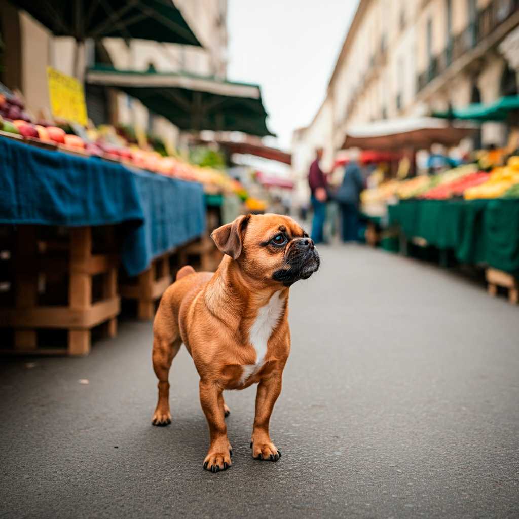 Petit Brabancon 3 Petit Brabancon marrón paseando por un mercado al aire libre.