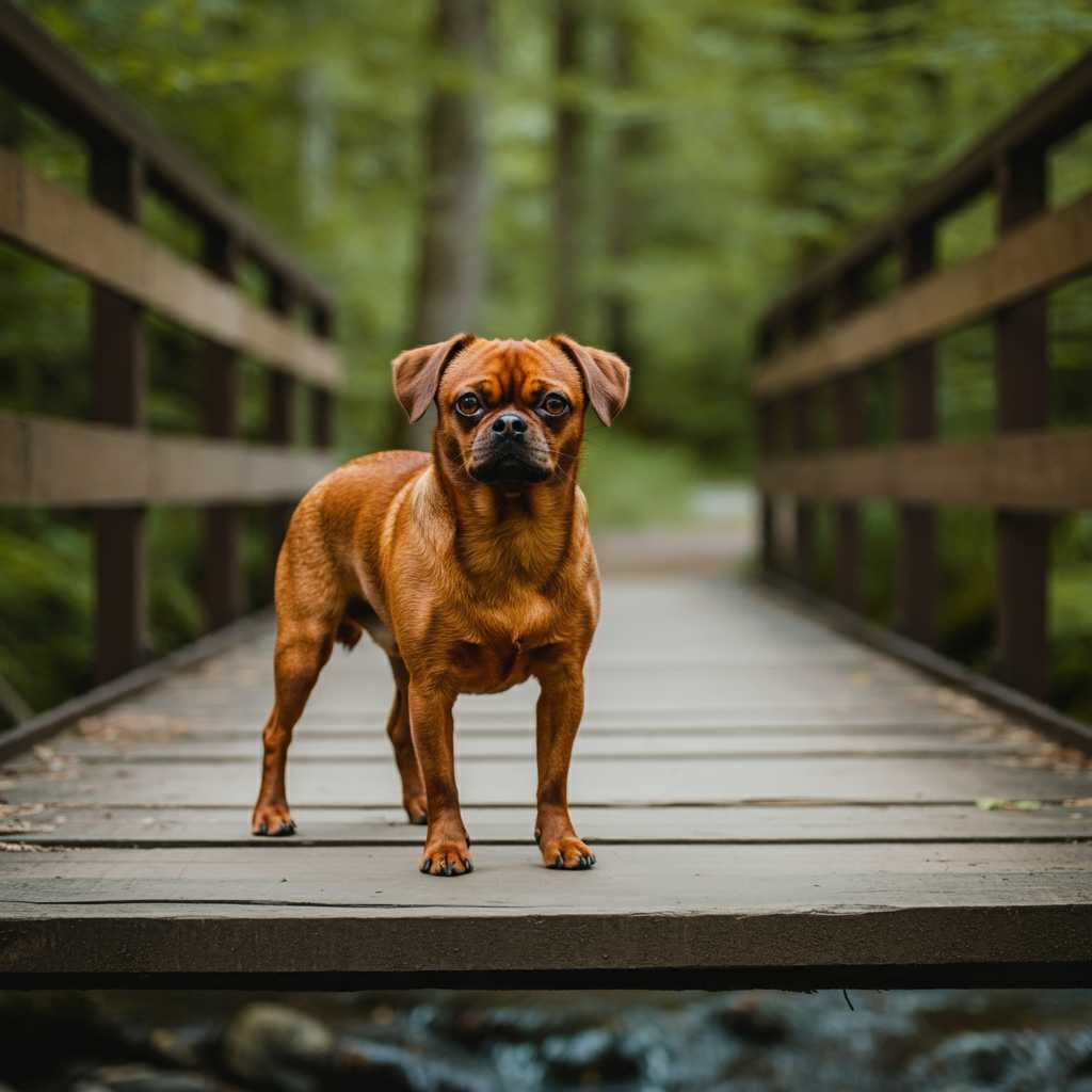 Petit Brabancon 10 Petit Brabancon marrón posando en un puente de madera en el bosque.
