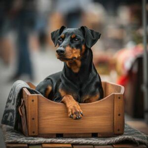 Pinscher Alemán descansando en una caja de madera en un mercado.