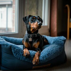Pinscher Alemán recostado en una cama azul junto a la ventana.