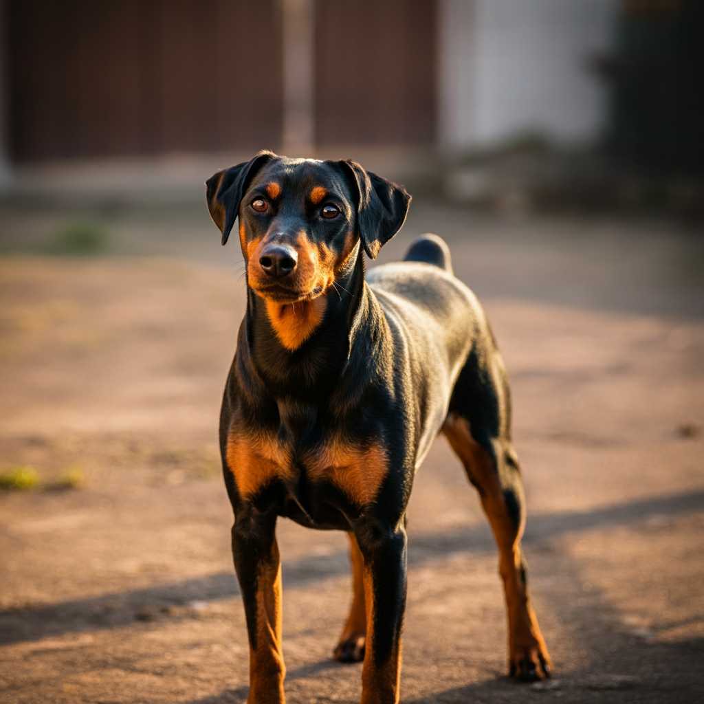 Pinscher Alemán de pie al sol en un espacio abierto.