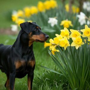 Pinscher Alemán oliendo flores amarillas en el jardín.