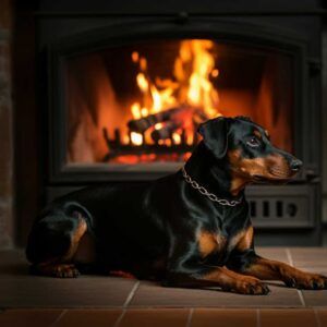 Pinscher Alemán descansando junto a una chimenea encendida.