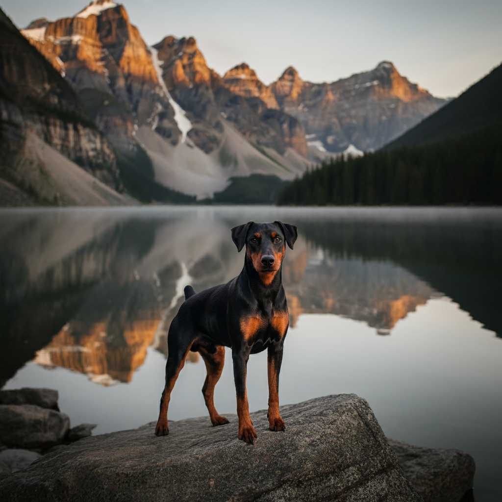 Pinscher Alemán de pie sobre una roca junto a un lago rodeado de montañas.