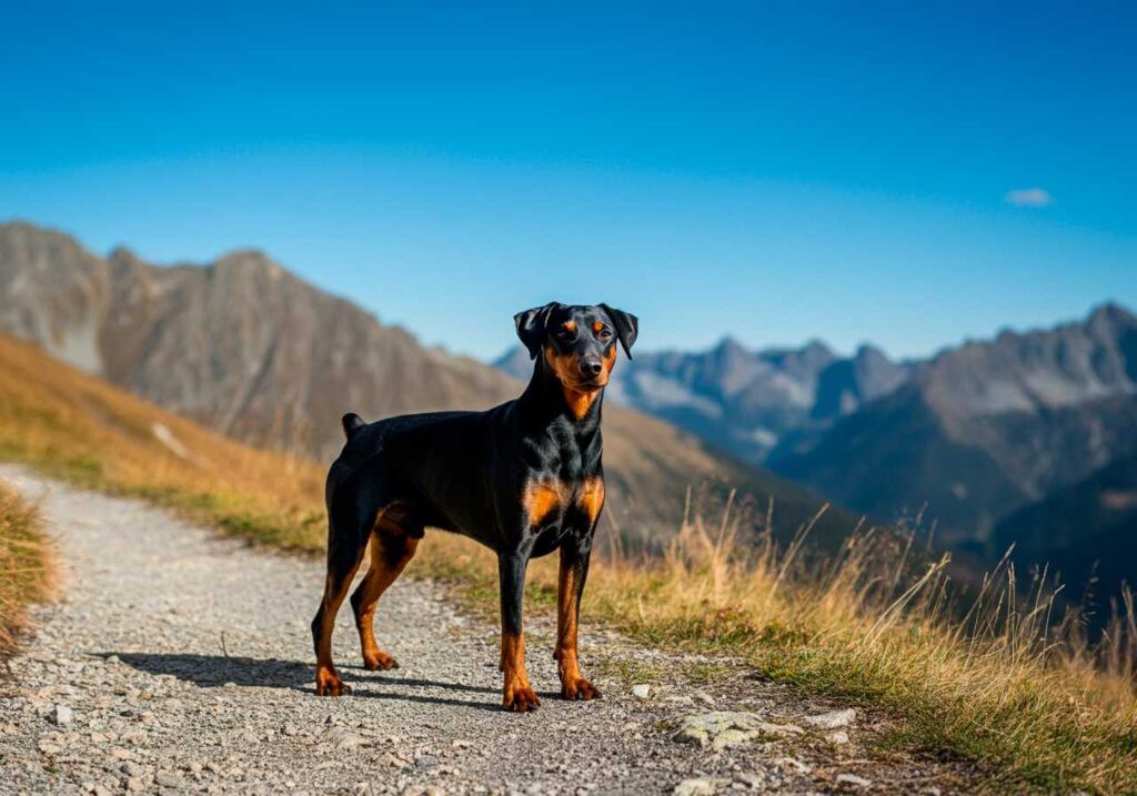 Pinscher Alemán en un sendero de montaña con vistas espectaculares.