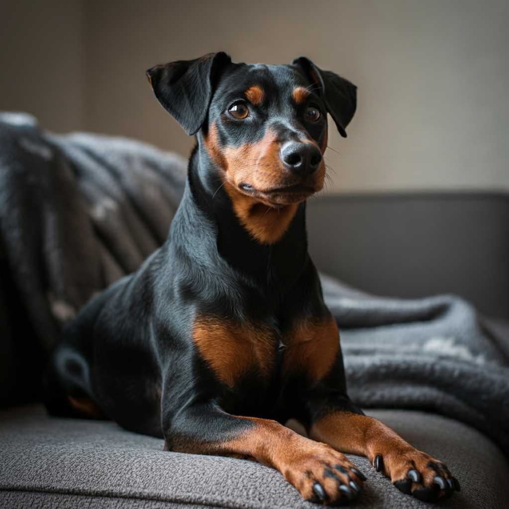 Pinscher Alemán descansando en un sofá cómodo.