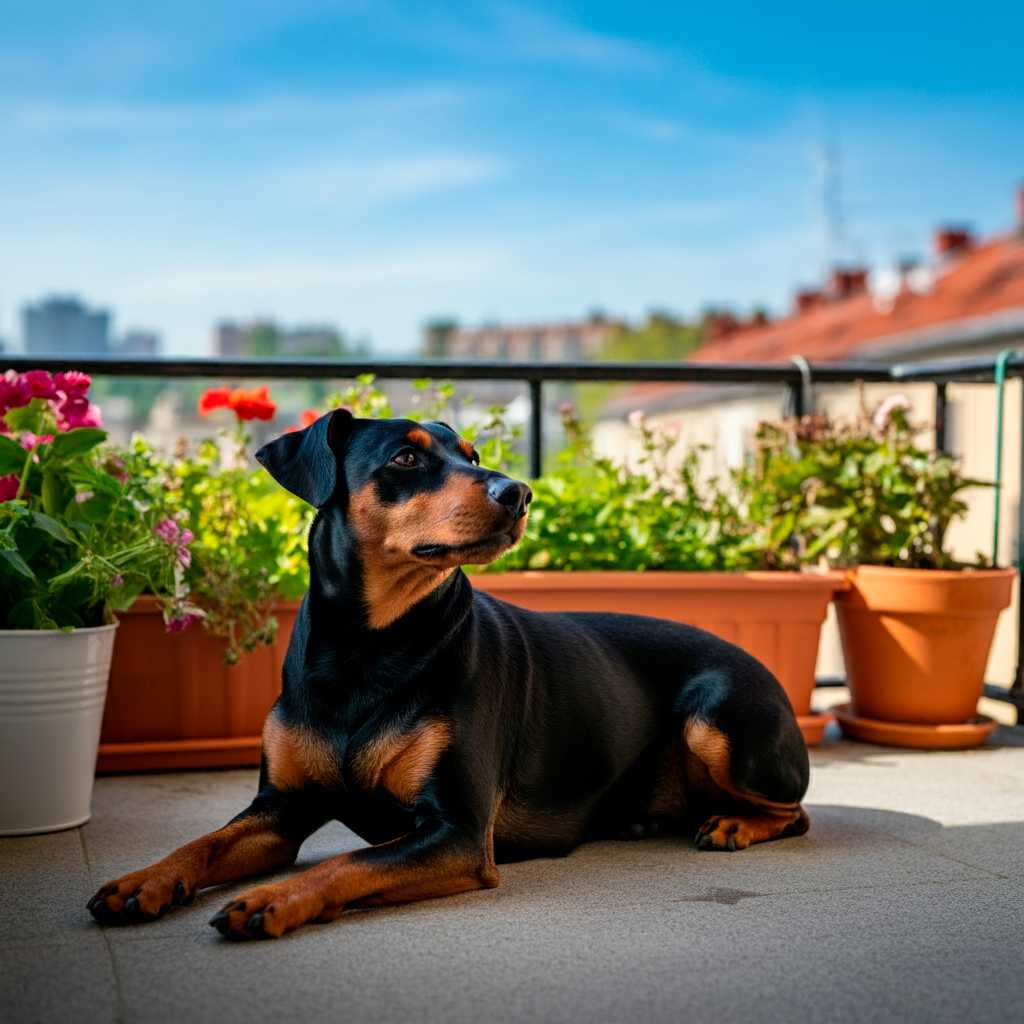 Pinscher Alemán relajándose en una terraza con macetas de flores.