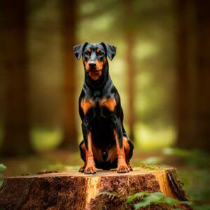 Pinscher Alemán sentado sobre un tronco en un bosque.