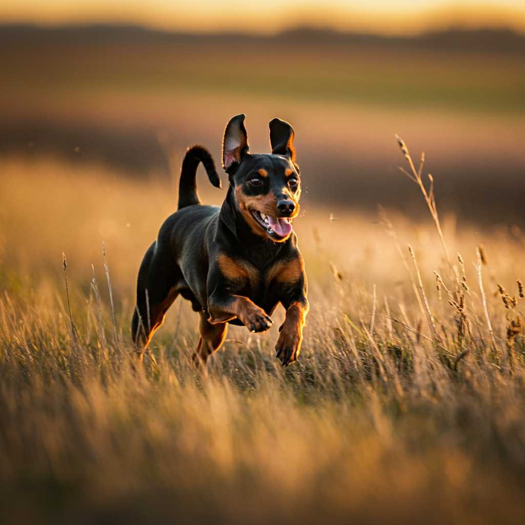 Pinscher Miniatura 1 Pinscher Miniatura corriendo en un campo al atardecer con tonos cálidos.