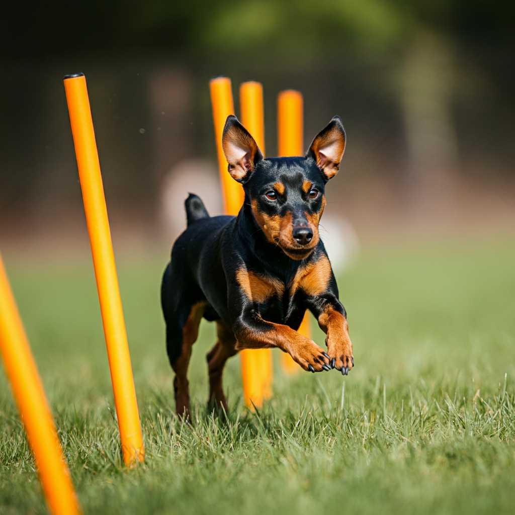 Pinscher Miniatura 7 Pinscher Miniatura realizando un ejercicio de agilidad con postes en un campo.
