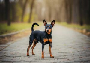 Pinscher Miniatura 2 Pinscher Miniatura posando en un camino de adoquines rodeado de árboles.