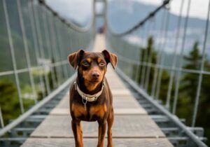 Pinscher Miniatura 4 Pinscher Miniatura marrón oscuro sobre un puente colgante en la naturaleza.