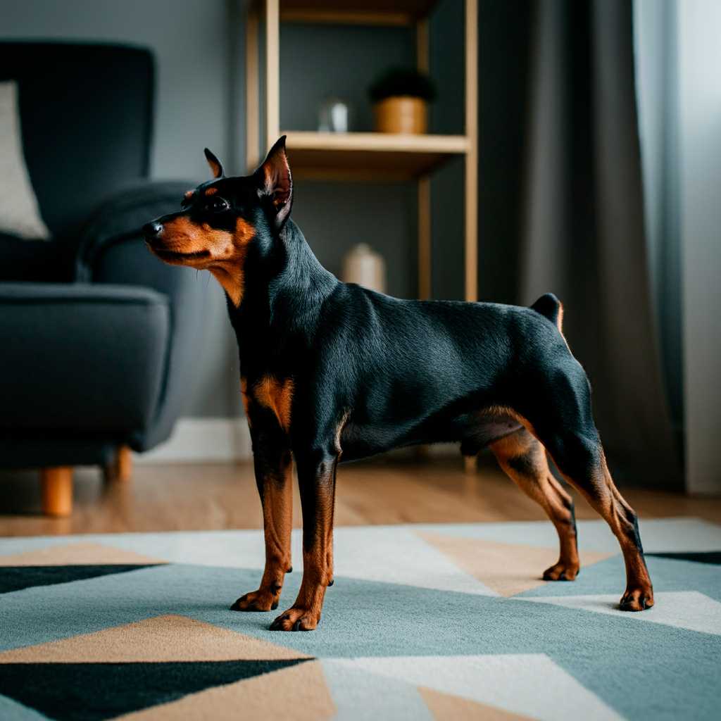 Pinscher Miniatura 3 Pinscher Miniatura negro y marrón posando en una sala moderna sobre una alfombra.
