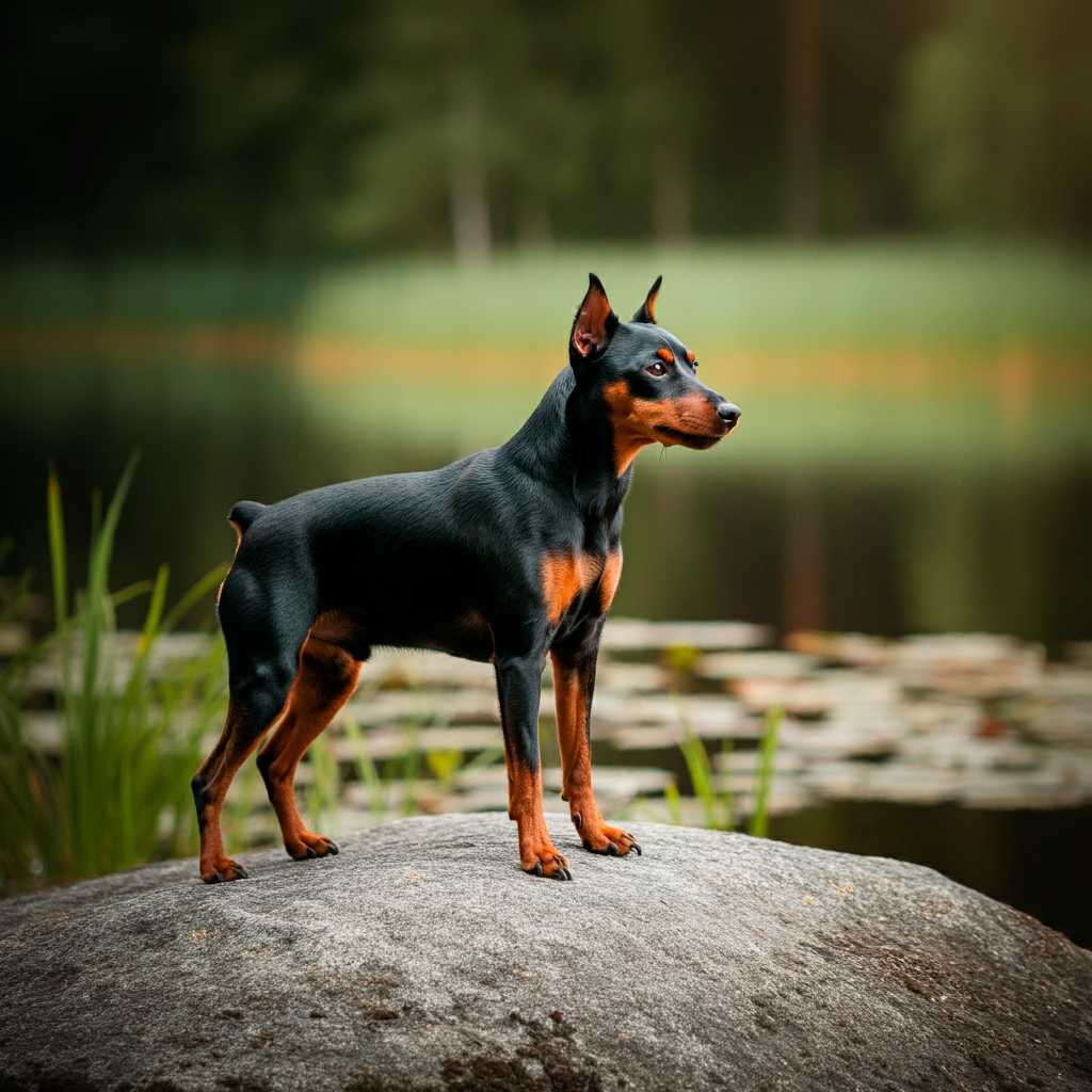 Pinscher Miniatura 9 Pinscher Miniatura de pie sobre una roca junto a un lago.