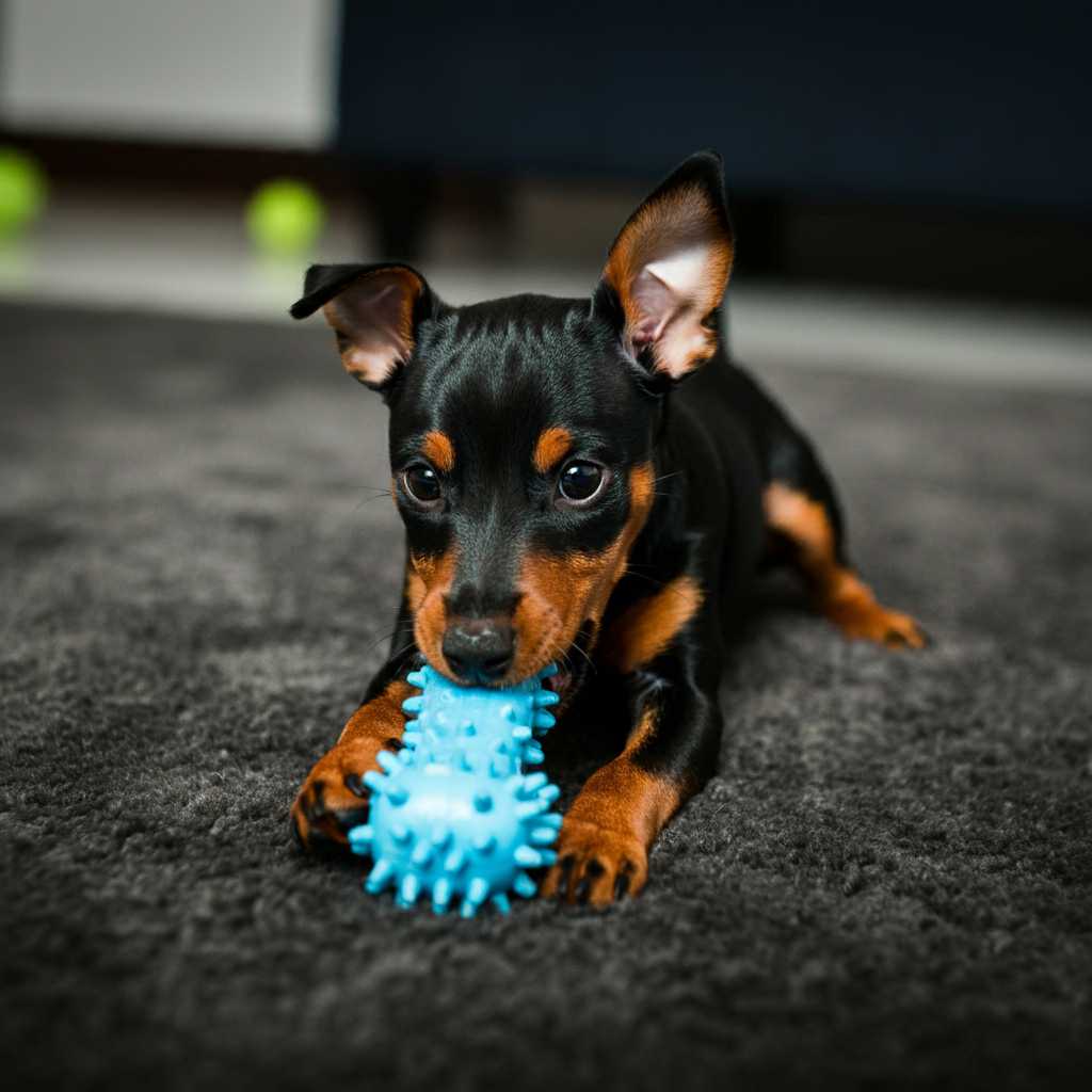 Pinscher Miniatura 10 Pinscher Miniatura cachorro mordiendo un juguete azul en una alfombra.