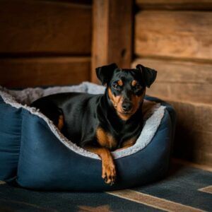 Pinscher Miniatura 8 Pinscher Miniatura descansando en una cama azul dentro de una cabaña de madera.