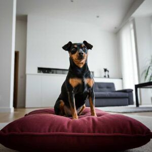 Pinscher Miniatura 5 Pinscher Miniatura sentado sobre un cojín rojo en una sala moderna.