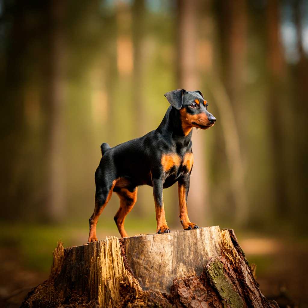 Pinscher Miniatura 6 Pinscher Miniatura de pie sobre un tronco en un bosque.