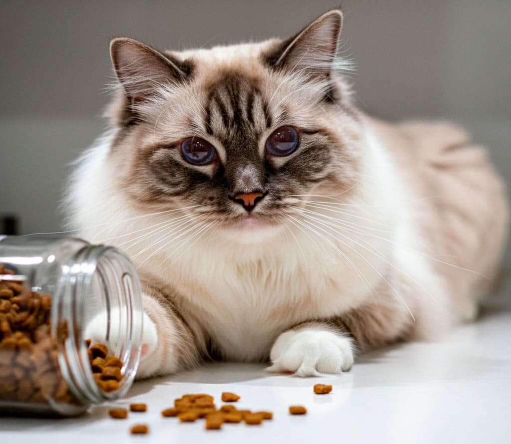 Gato Ragdoll junto a alimento para gatos derramado.