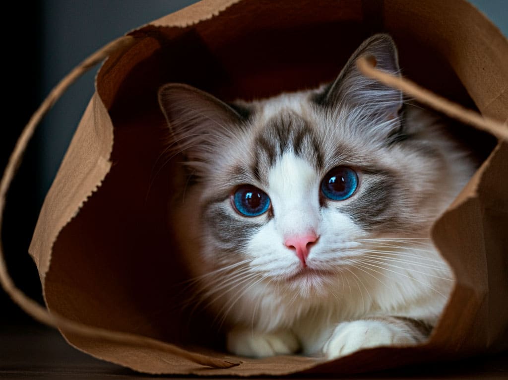 Gato Ragdoll dentro de una bolsa de papel.