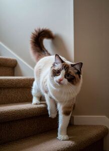 Gato Ragdoll bajando una escalera con expresión curiosa.