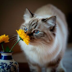 Gato Ragdoll olfateando una flor amarilla.