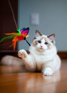Gato Ragdoll jugando con un juguete colorido de plumas.