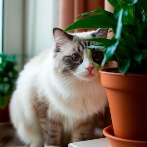 Gato Ragdoll olfateando una planta de interior.