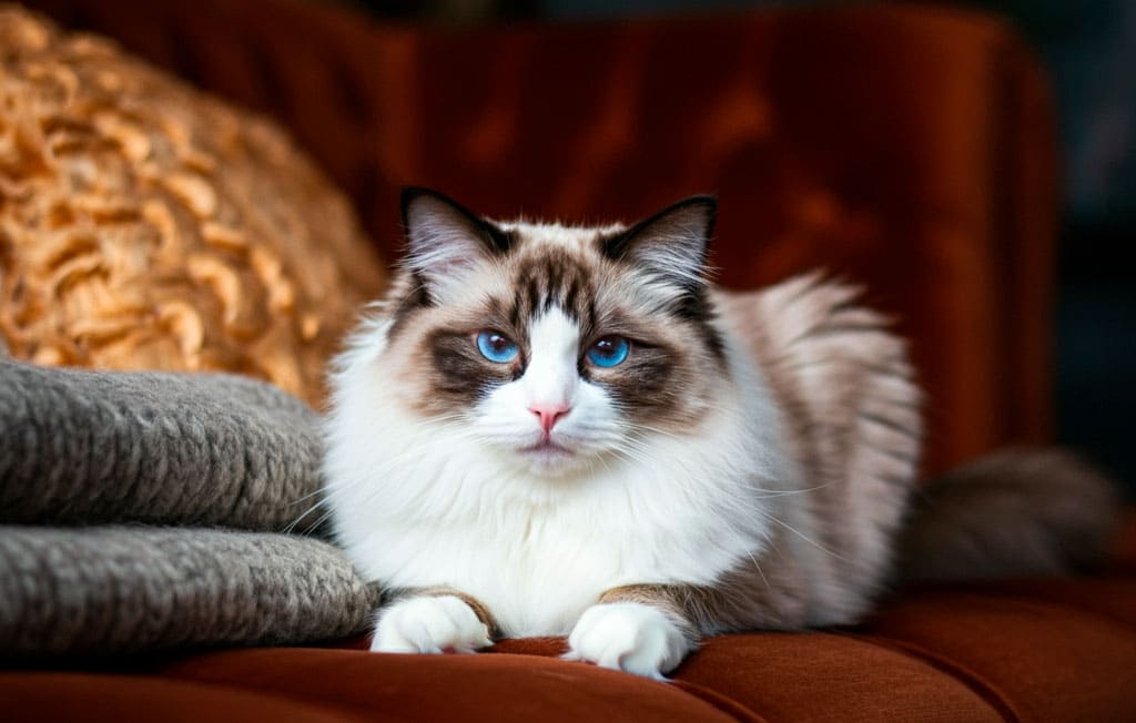 Gato Ragdoll con ojos azules descansando sobre un sofá marrón.