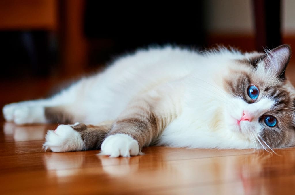 Gato Ragdoll tumbado en el suelo de madera, mirando a la cámara.
