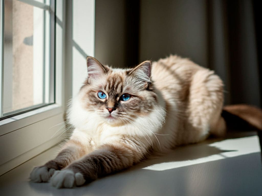 Gato Ragdoll estirándose junto a una ventana soleada.