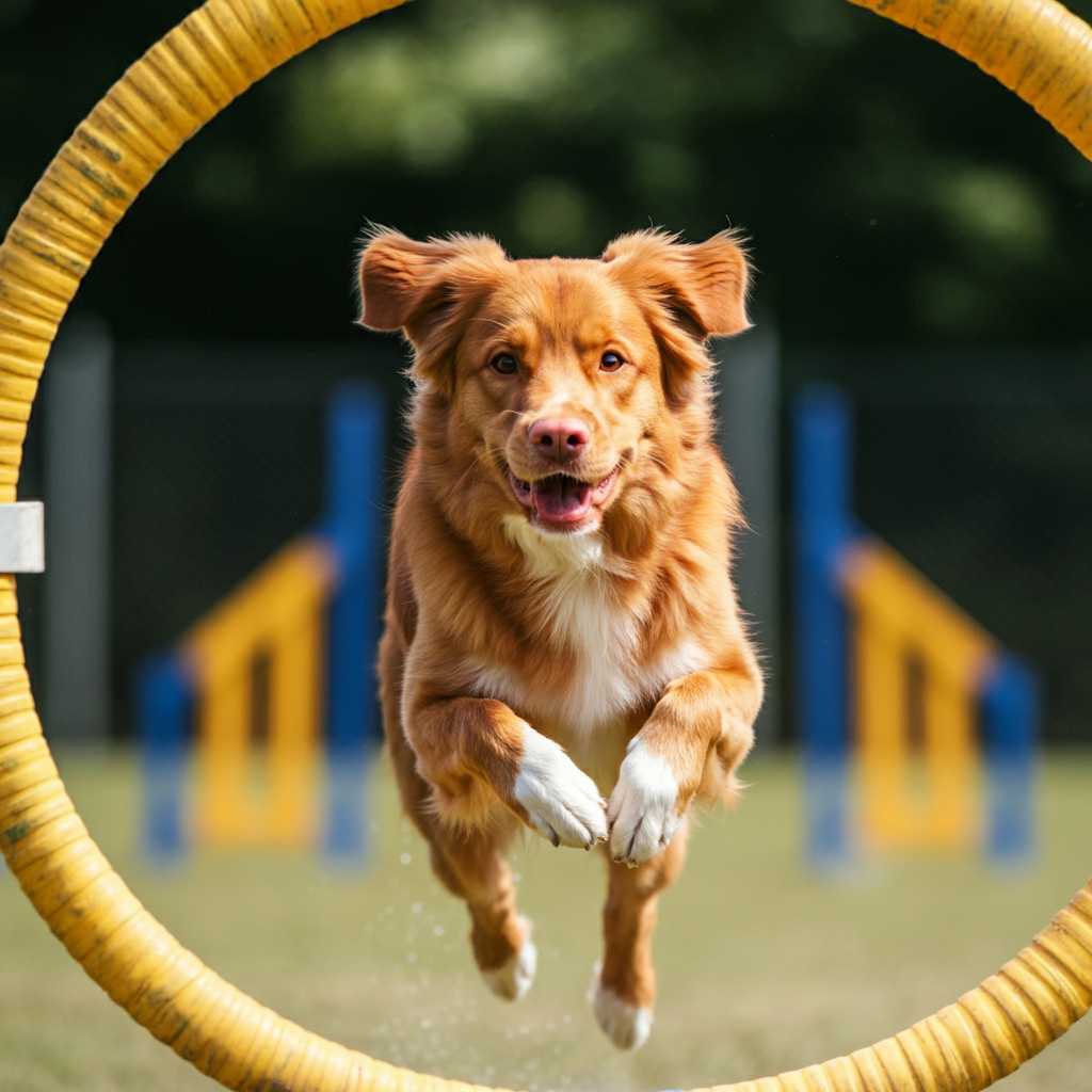 Retriever de Nueva Escocia saltando a través de un aro en un parque de agilidad.