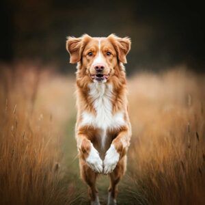 Retriever de Nueva Escocia corriendo alegremente en un campo.