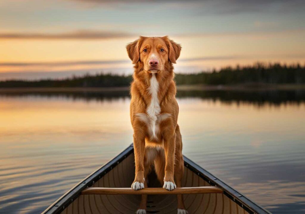 Retriever de Nueva Escocia sentado en una canoa al atardecer.