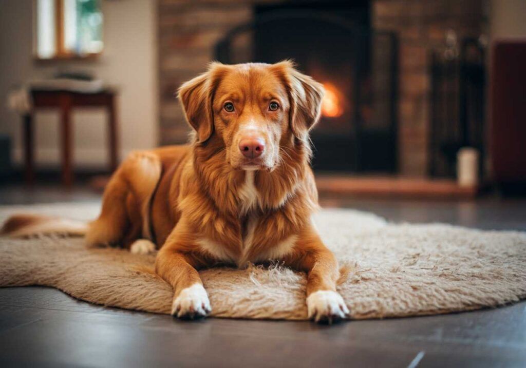 Retriever de Nueva Escocia descansando frente a una chimenea.