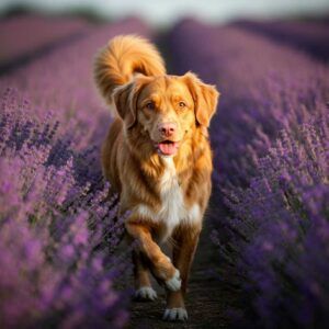 Retriever de Nueva Escocia caminando entre un campo de lavanda.