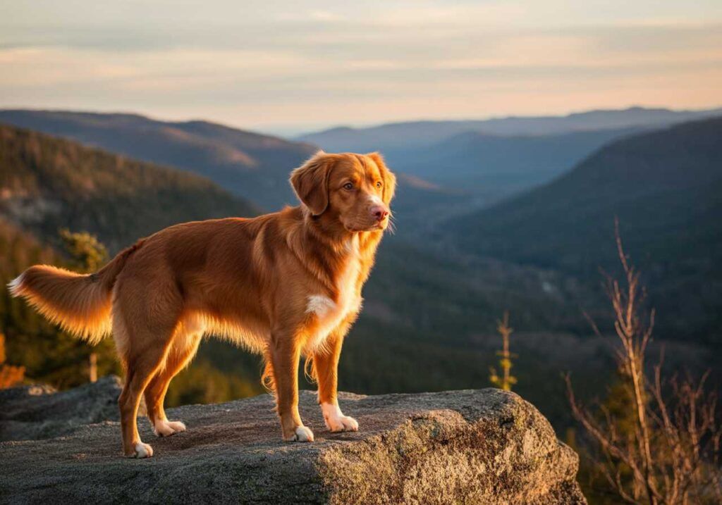 Retriever de Nueva Escocia posando en la cima de una montaña al atardecer.
