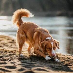Retriever de Nueva Escocia cavando en la arena junto a un río.