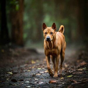 Ridgeback tailandés 6 Ridgeback tailandés caminando bajo la lluvia en un bosque.