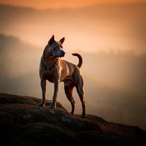 Ridgeback tailandés 7 Ridgeback tailandés de pie sobre una colina al atardecer.